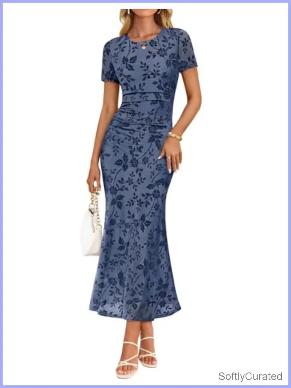 Women's Floral Short Sleeve Bodycon Long Dress Ruched Mesh Formal Cocktail